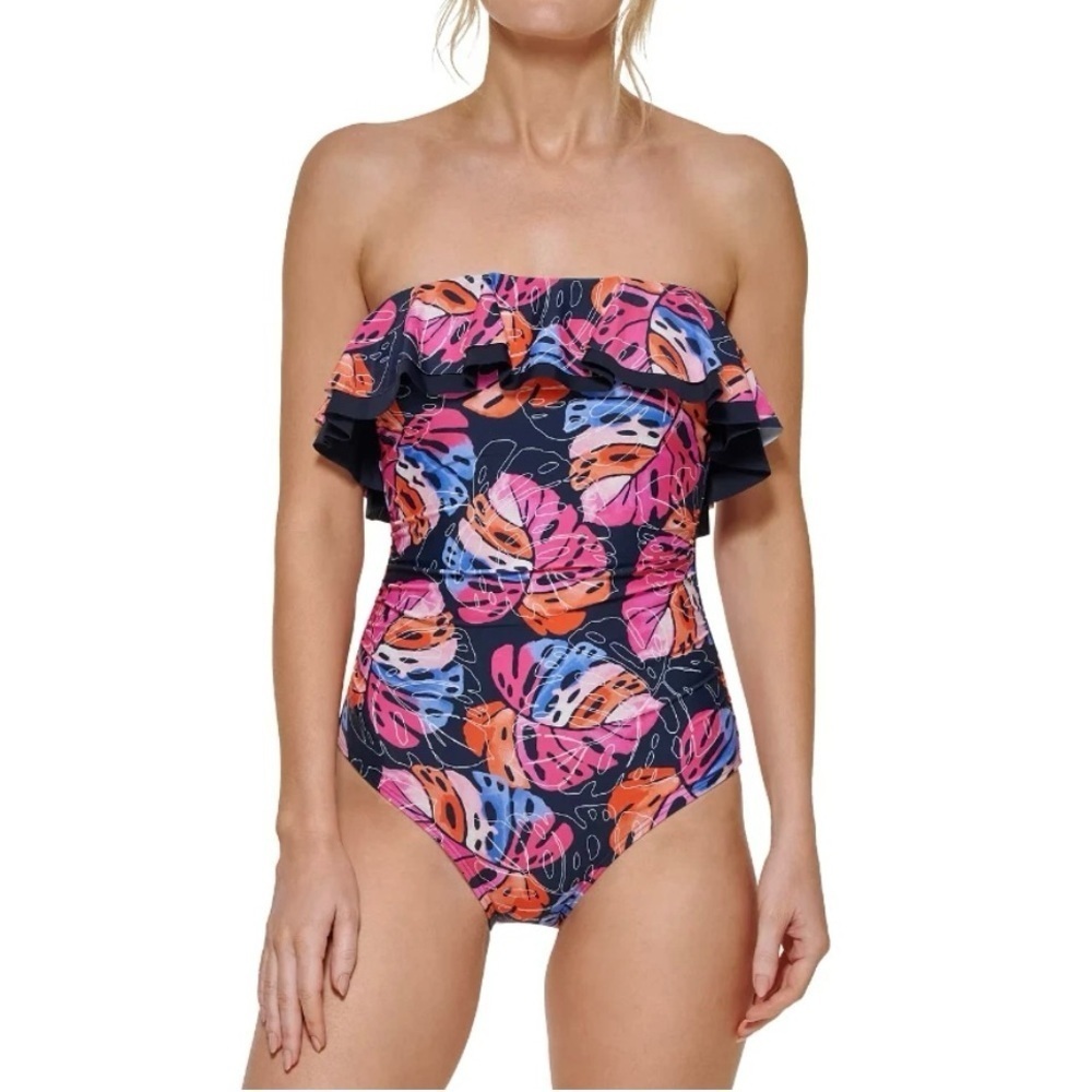 🌻NEW w.tag Tommy Hilfiger Colorful Palm Ruffle Bandeau 1-Piece Swimsuit Size 10
